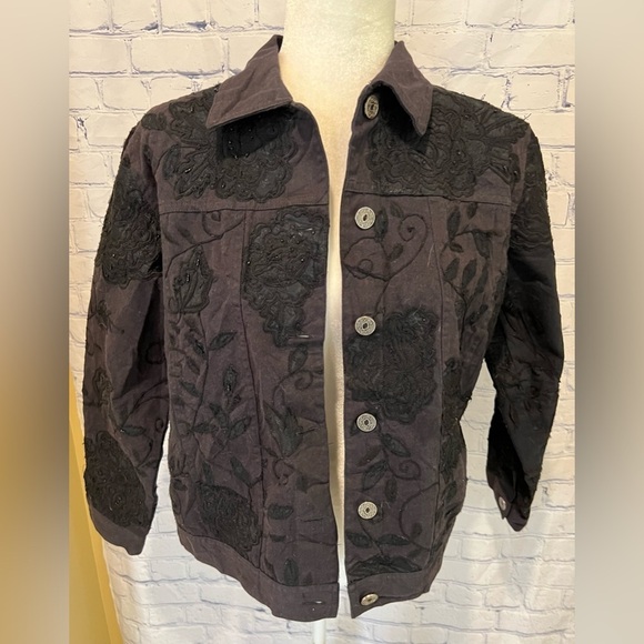 Laura Ashley Black Jean Denim Beaded Embroidered Jacket Cotton Size PM - Picture 2 of 8